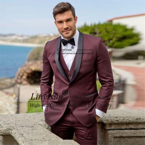 Burgundy Mens Suit Slim Fit Formal Tuxedo Wedding Bridegroom 3 Piece Set Party Prom Blazers Terno Masculino (Jacket+Vest+Pants)