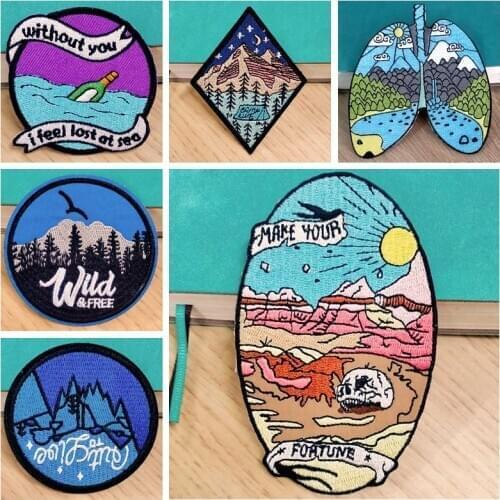 Iron On Patches For Clothing Wilderness Mountain Patch Embroidery Patch DIY Stripes Badge Patches For Clothes Applique Accessory