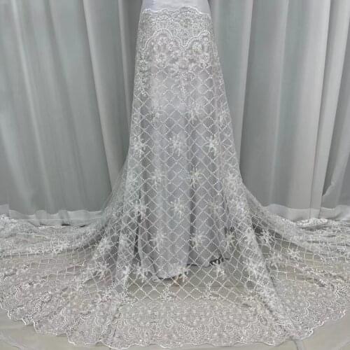 Nigerian Pure White African Lace Fabric For Bride Dress 2021 High Quality Heavy Beads Embroidered French Tulle Lace Fabric