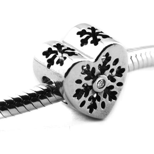 Fits for Pandora Charms Bracelets 100% 925 Sterling-Silver-Jewelry Snowflake Heart Beads with Clear CZ Free Shipping