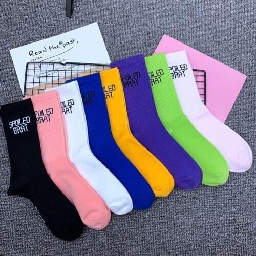 Drop Ship 2020 Adult Mid Calf Crew Socks Spoiled Brat Child Rainbow Pink Black White Purple Plain Colour English Words SOX