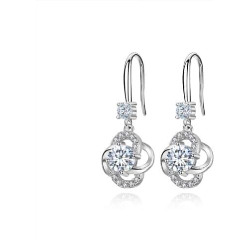 New Top Quality Silver 925 Earrings Girl Jewelry Bright Crystal Pink Clover Drop Earring Female Birthday Valentines Day Gift