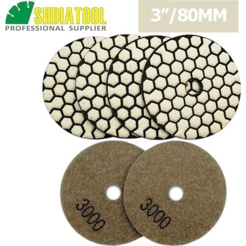SHDIATOOL 6pcs 80mm #3000 Resin Bond Flexible Diamond Dry Polishing Pads For granite marble ceramic Diameter 3inch Sanding Disks