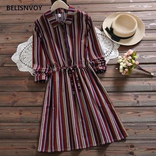 Special offer Mori Girl Female Vestidos Autumn Women Dresses Vintage Drawstring Dresses Lapel Long Sleeve Striped Casual Dress