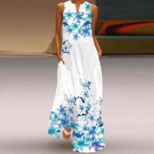 Lady Dress Floral Printing Comfortable to Wear Summer V-Neck Sleeveless Pocket Maxi Dress for Home