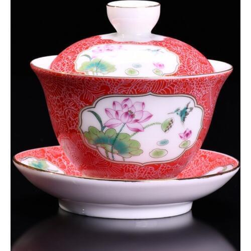 130ml Color Enamel Ceramic Tea Bowl Chinese Tradition Gaiwan Master Cup Kung Fu Tea Cup Lotus Pattern Teacup Porcelain Cups Gift