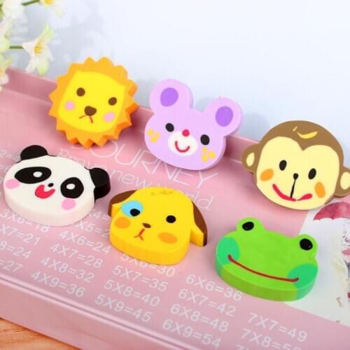 6 pcs Animal Head Eraser Kawaii Pencil Eraser Cartoon Style Creative For Kids Funny Erasers Korean Stationery School Supplies