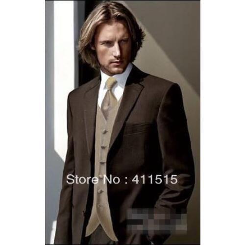 FREE SHIPPING/Brown Two Buttons Groom WEAR Tuxedos Notch Lapel Best Man Groomsmen Men Wedding Suits Bridegroom/custom DRESS VEST