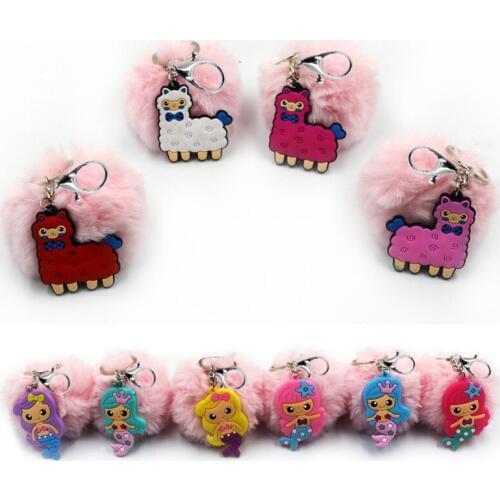 Cartoon Animal Pendant Baby Pink Faux Fur Ball Keyrings Women Girl Kids Keychain Charm Pendant Christmas Gift Favor