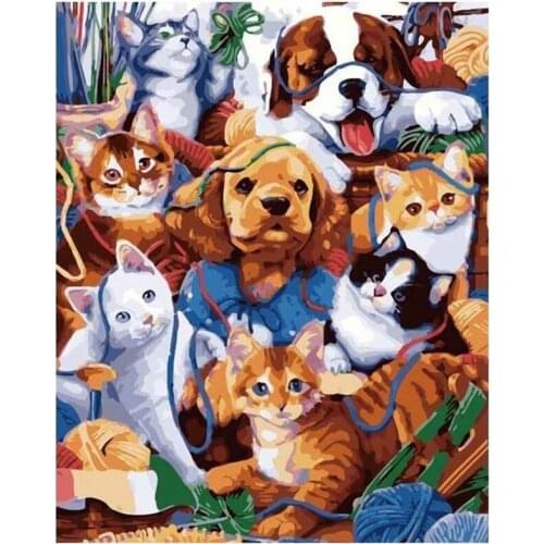 DIY Paint By Numbers, Canvas Painting Kit for Adults, Drawing Paintwork with Paintbrushes, Acrylic Pigment-Cat & Dog