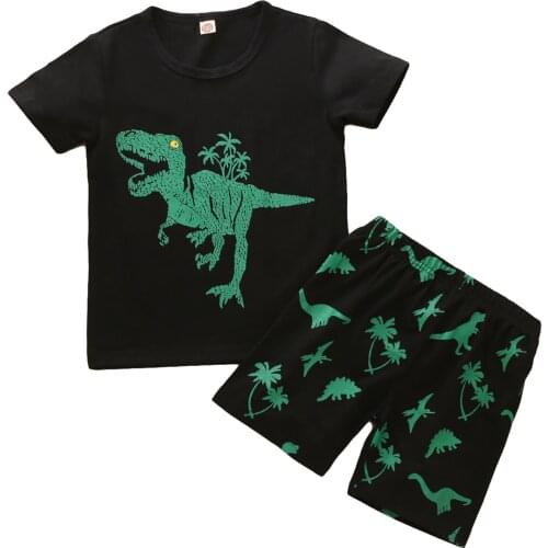2Pcs Kids Boy Summer Clothes Dinosaur Print Short Sleeves T-Shirt + Elastic Waist Shorts for Boys1-7 Years Outfits