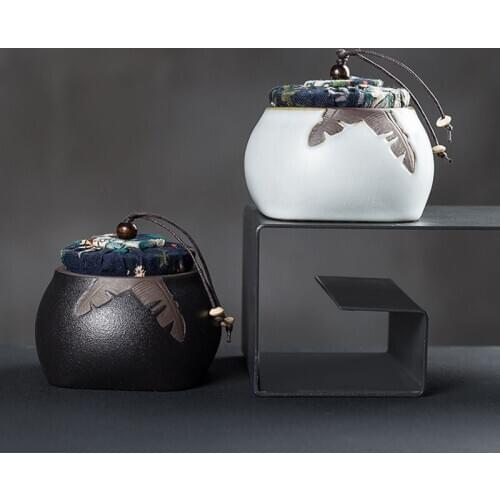 Creative Tea Storage Jar Ceramic Coarse Pottery Leaf Pattern Seal Cylinder with Lid Kit Vintage Teaware Accessories Cans Tanks