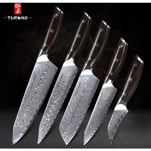 TURWHO 5PCS Kitchen Knife Set Japanese Damascus Stainless Steel knife Pro Chef Bread Santoku Utility Paring knife Cooking Knives