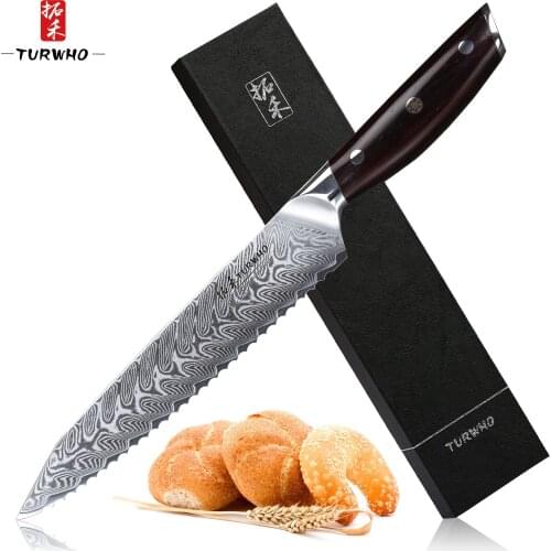 TURWHO 8 inch bread knife 67 layer Damascus stainless steel kitchen knife high quality cake knife and Red sandalwood handle