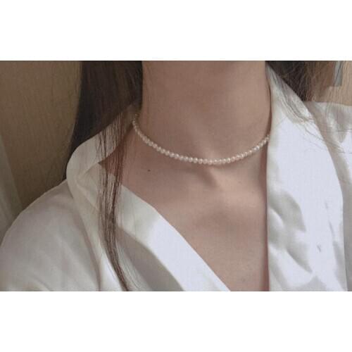 3mm white Pearl choker necklace gold clasp natural Freshwater PEARL Women Jewelry 17'' 43cm 35cm