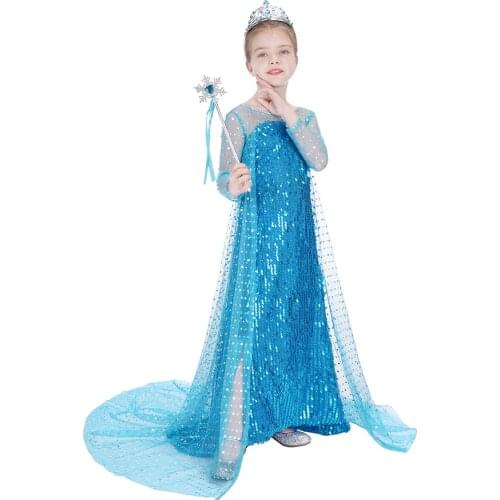 Halloween Elsa Dress Girls Costume Fancy Party Princess Dresses Elegant Long Sleeve Mesh Prom Dress Girl Clothes