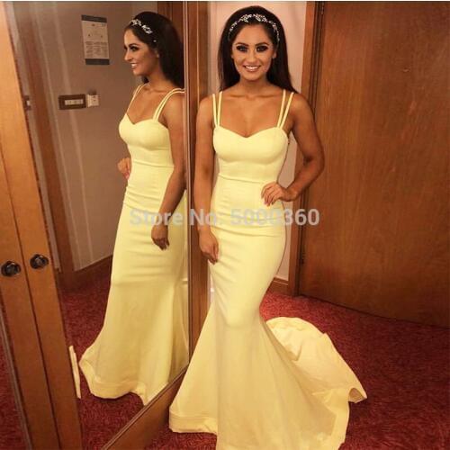 Simple Mermaid Evening Dresses Spaghetti Yellow Long Formal Prom Gowns Sweep Train Custom Made Satin Vestido De Cheap Party Dres