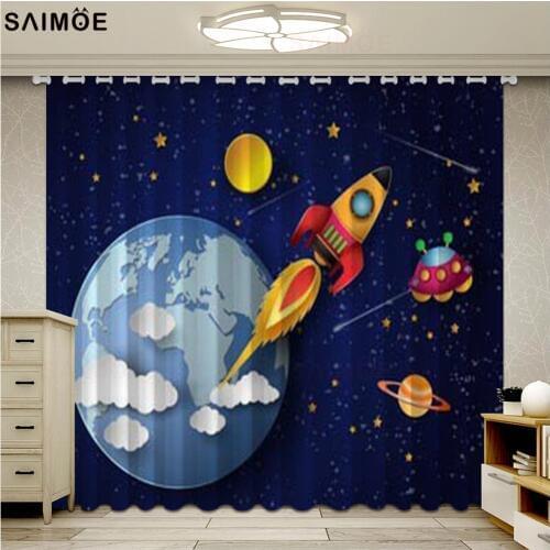Cartoon Space Rocket Curtains For Children Bedroom Kids Boys Blackout Curtain Luxury Living Room Nursery Blue Ultra Micro Shadow