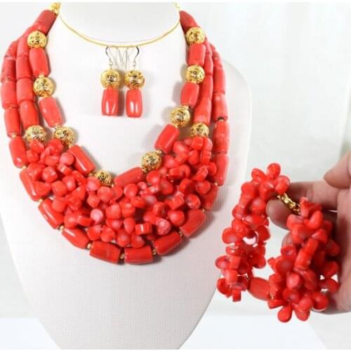 Fabulous African Wedding Jewelry Sets Nigerian Red Coral Beads Bridal Jewelry Set Bride Gift Jewelry Set Free Shipping CG015