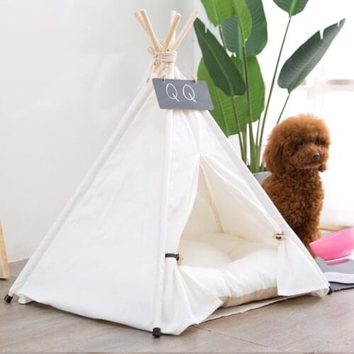 Pet Teepee Wood Canvas Cat Bed Portable Puppy Tents Thick Cushion Pet Houses Small Medium Dogs Foldable Playhouse Dog Supplies