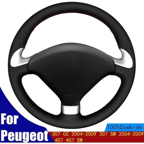 DIY Hand-stitched Car Steering Wheel Cover Black Genuine Leather For Peugeot 307 CC 2004-2009 307 SW 2004-2009 407 407 SW