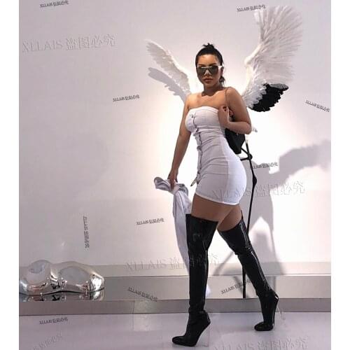 XLLAIS 2020 New Style White Cotton Spandex Sleeveless Strapless Slash Neck Button Sexy And Club Party Women Summer Mini Dresses