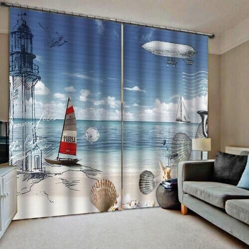 Blue curtains sea view 3D Curtain Luxury Blackout Window Curtain Living Room blackout curtains