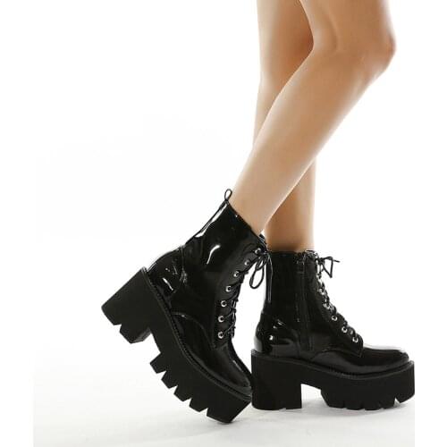 High Quality Patent Leather Gothic Black Boots Women Heel Sexy Heel Platform Boots Female Punk Style Ankle Boots Zipper 35-43