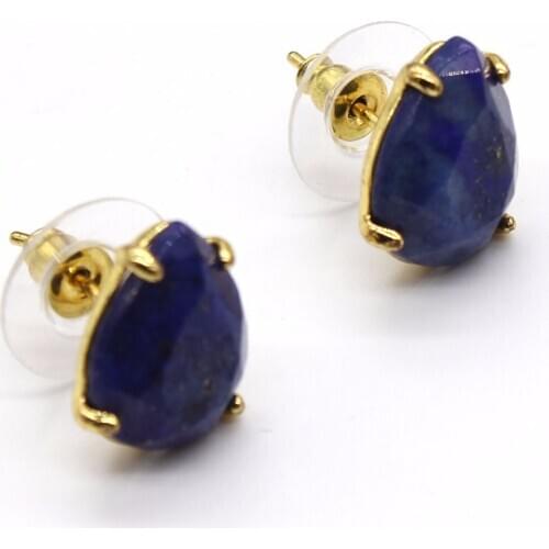 Trendy-beads Elegant Style Light Yellow Gold Color Water Drop Lapis Lazuli Stud Earrings For Women Anniversary Jewelry