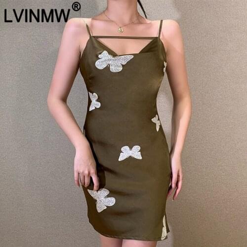 LVINMW Side Split Butterfly Print Sexy Slim V Neck Slip Dress Temperament Chic Gothic Sleeveless Mini Dresses Women Club Party