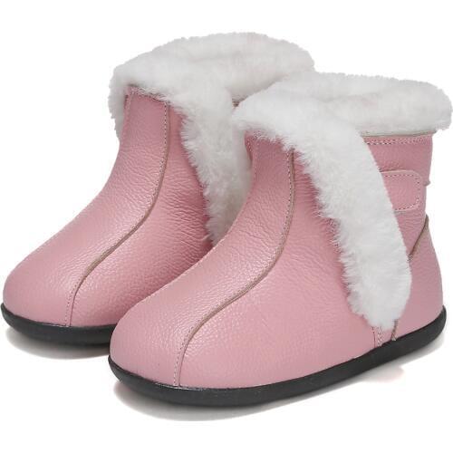 Winter Children Fashion Boots Genuine Leather Kids Ankle Boots Girls Princess Shoes Anti-Slip Plush Flat Baby Toddler Sneakers