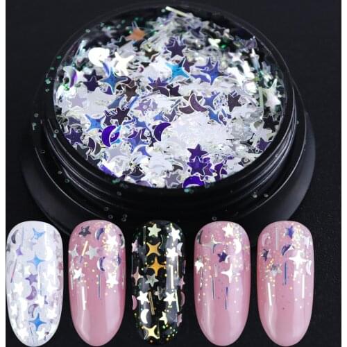 1Box Nail Art Nail Glitter Flakes Sequins Star Moon Laser Shining Blue Paillette Spangles Decoration Holographic Manicure JI779