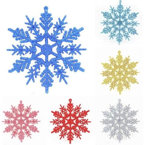 12pcs Plastic Gold Silver Glitter Powder Snowflake Xmas Ornaments Pendant Christmas Tree New Year Decor 10cm Hanging Snowflake