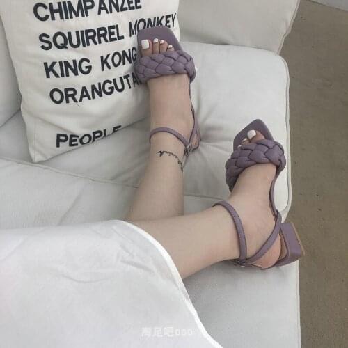 2021 Summer New Women Woven Sandals High Heels Fashion Square Toe Slides Outdoor Rome Slippers Womens One Shoe Two Ways to Wear