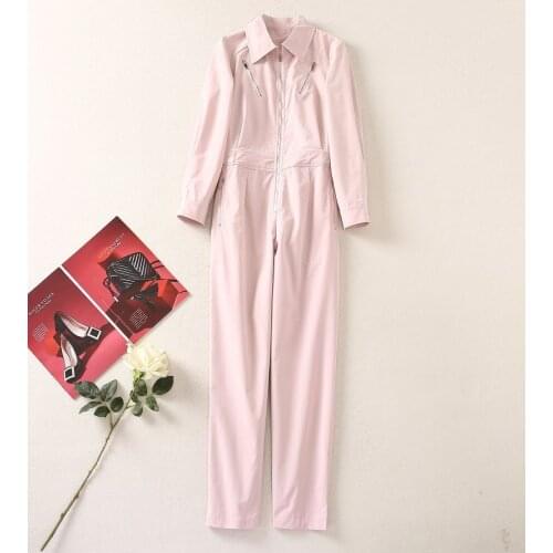 2021 Autumn Fashion Jumpsuits & Rompers High Quality Women Turn-down Collar Zipper Deco Long Sleeve Casual Long Pink Jumpsuits