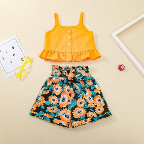2PcsSummer Infant Baby Girls Outfits Solid Ruffle Button Down Tank Top Vest + Belted Sunflower Print Shorts Toddler Kid Outwear