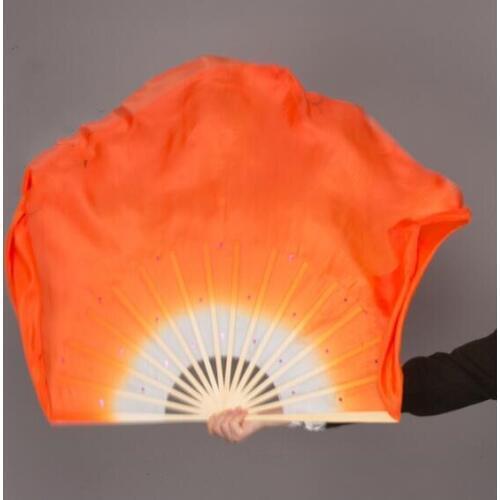 41cm-86cm Hand Dyed White Orange Gradient Sequin Fan Veil Belly Dance Dancing Silk Bamboo Short Fans Veils Art Colorful