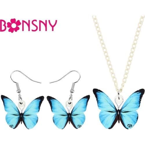 Bonsny Acrylic Lovely Blue Morpho Butterfly Jewelry Sets Sweet Animal Insect Earrings Necklace For Women Kid Birthday Party Gift