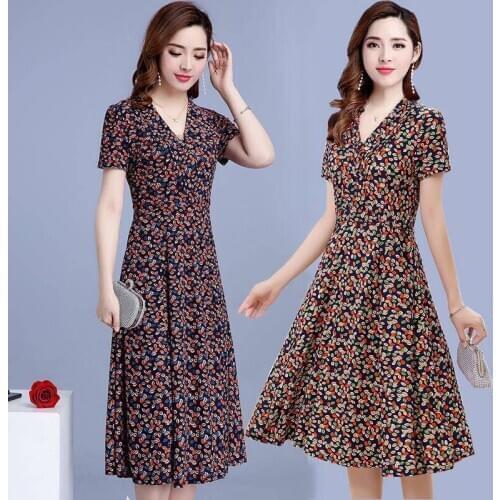 Plus Size 5XL Women Casual Dress A-Line Print Short Cotton Polyester Knee-Length V-Neck Elegant Dress Vintage Women Clothes 1168