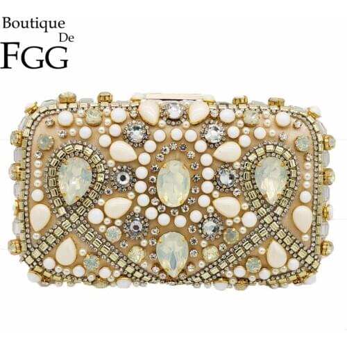 Boutique De FGG Vintage Bridal Pearl Beaded Purse Evening Party Wedding Crystal Clutch Bags Women Rhinestone Diamond Handbags