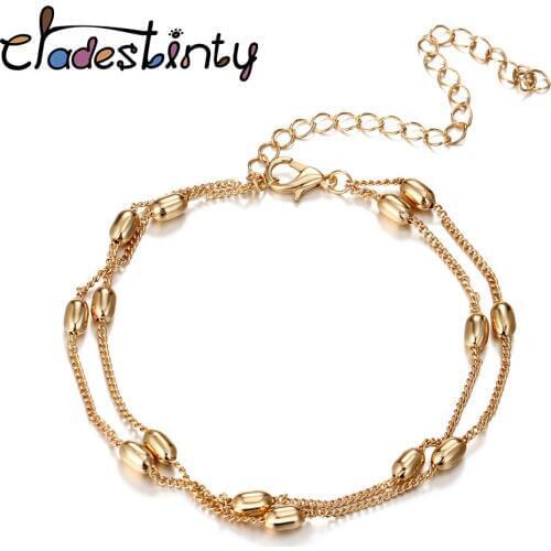 Chadestinty Simple Double Layer Chain Bracelets Gold Color Bead Charm Bracelet Bangle For Women Beach Metal Jewelry