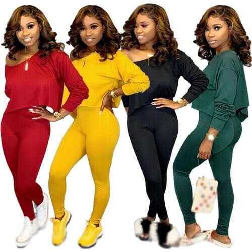 Brand New Womens Yoga Set Long Sleeve Long Sleeve Off Shoulder Top Pants Set High Waist Fitness Gym Solid Autumn Hot 2019