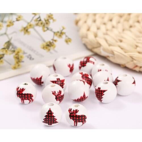 20 Pcs Red Lattice Printing Christmas Tree Elk Wooden Beads DIY Custom Decoration Crafts Childrens Toys Jewelry Bracele
