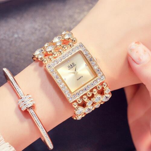 G&D Luxury Brand Womens Watches Gold Rhinestone Bracelet Watch Ladies Fashion Quartz Wrist Watches for Women Reloj Mujer Clock