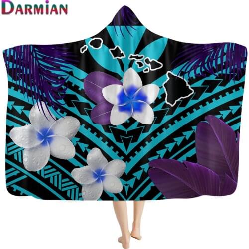 DARMIAN Hawaiian Plumeria Printed Design Hooded Blanket Warm Soft Sofa Bedroom Wearable Throw Blanket for Adult Kids Dropshiping