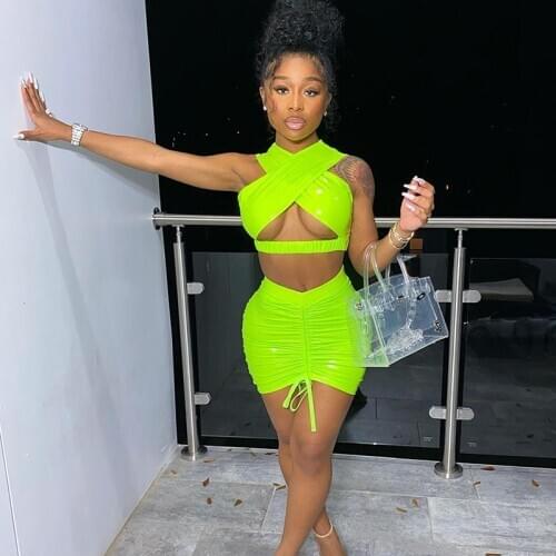 BKLD 2021 Summer Fashion Neon Color Two Piece Set Faux PU Leather Sexy Cut Out Crop Top And Ruched Drawstring Bodycon Mini Skirt
