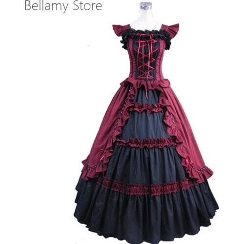 Red and Black Retro Victorian Gothic flying Sleeve Ruffle bow large cake dress