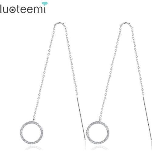 LUOTEEMI Elegant Style Long Chain Drop Earrings Round Hoop Pendant Brincos Micro Paved Tiny CZ Jewelry for Girl Party Bijoux