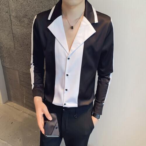 Fashion V-neck Men Shirts Long Sleeve Slim Fit Casual Shirt Splicing Streetwear Men Clothig Night Club Social Party Blouse 2020