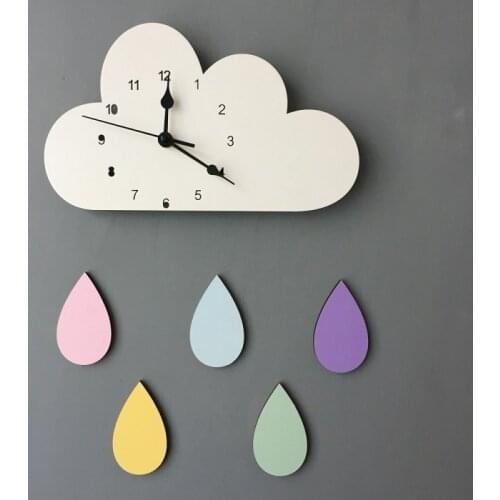 INS Nordic Cloud Raindrop Wall Clocks Cartoon Mute Clock For Children Kids Room Nursery Decor Ornaments Figurines Photo Props